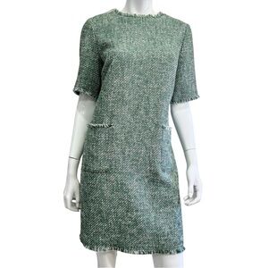HALLHUBER Green Boucle Tweed Fringe Mini Dress Short Sleeve Size 38